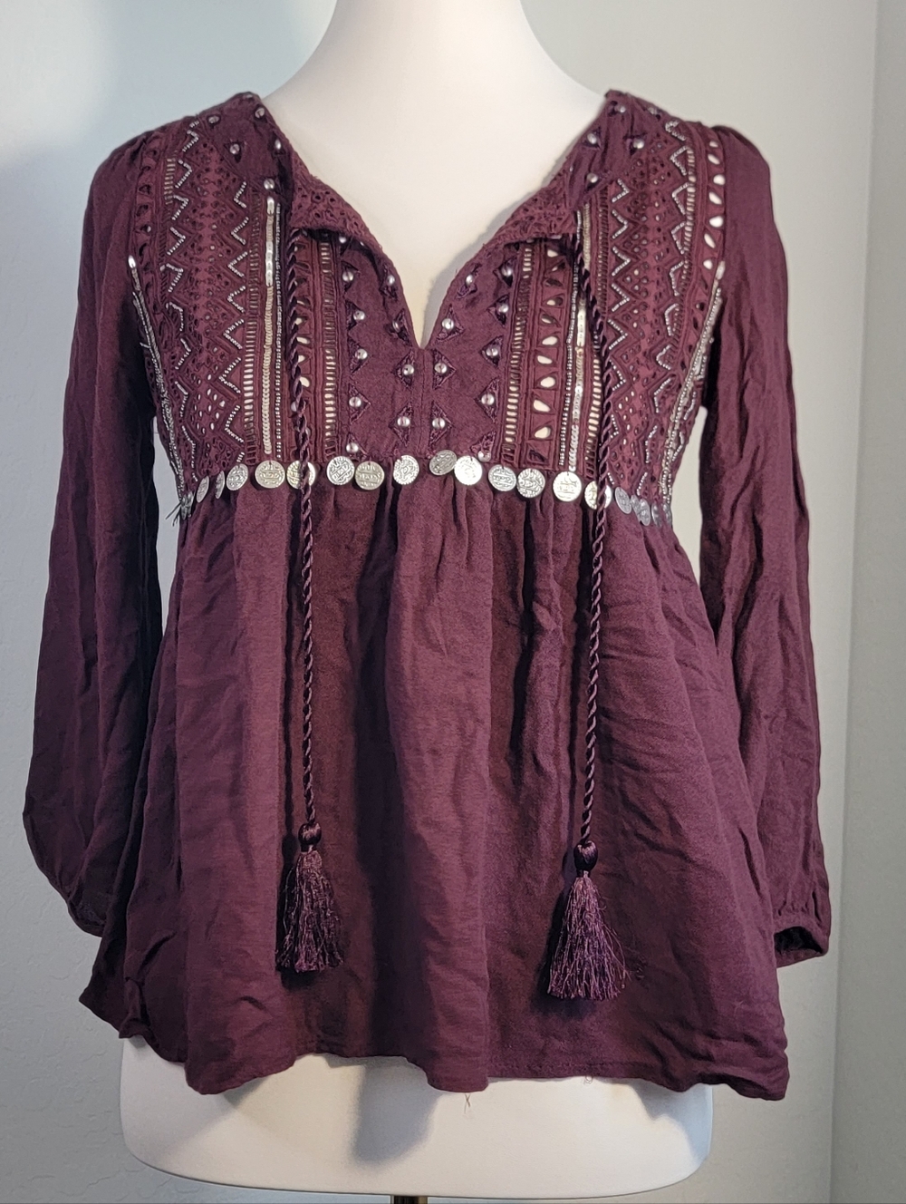 Abercrombie & Fitch Embroidered Boho Beaded Flowy Blouse Burgundy Size XS